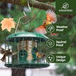 Kingsyard Mesh Caged Bird Feeders for Outdoor Hanging, Tube Squirrel Proof Bird Feeders with Seed Tray for Small Birds Finches Bluebird, Rain Proof Covered, 4 Feeding Ports, Green