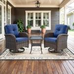 Belord Patio Wicker Chairs Swivel Rocker - Outdoor Swivel Rocking Chairs Set of 2 with Rattan Side Table, Patio Swivel Glider Chair 3 Piece Patio Furniture Sets for Deck Porch Pool Brown/Blue