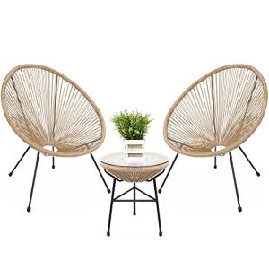 Best Choice Products 3-Piece Outdoor Acapulco All-Weather Patio Conversation Bistro Set w/Plastic Rope, Glass Top Table and 2 Chairs - Natural