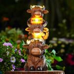 Thanksgiving Highland Cow Statue Solar Outdoor Decor with Flower Decoration Funny Triple Highland Cow Decor Birthday Gifts for Women Mom Highland Cows Figurine for Yard Garden Lawn Christmas Decor