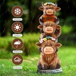 Thanksgiving Highland Cow Statue Solar Outdoor Decor with Flower Decoration Funny Triple Highland Cow Decor Birthday Gifts for Women Mom Highland Cows Figurine for Yard Garden Lawn Christmas Decor