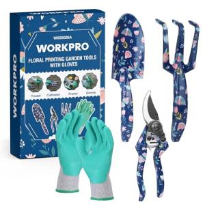 WORKPRO Aluminum Garden Tool Set, 4PCS Heavy Duty Hand Garden Tools with Box Include Trowel, Rake, Pruner, Garden Gloves, Floral and Insect Printing, Garden Gifts