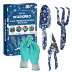 WORKPRO Aluminum Garden Tool Set, 4PCS Heavy Duty Hand Garden Tools with Box Include Trowel, Rake, Pruner, Garden Gloves, Floral and Insect Printing, Garden Gifts