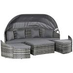 Outsunny 4-Piece Outdoor Rattan Furniture Set, Round Convertible Patio Daybed or Sunbed, Sectional Sofa with Canopy, Pillows, Cushions, Footrest, Table, PE Plastic Wicker, Gray