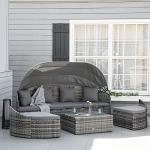 Outsunny 4-Piece Outdoor Rattan Furniture Set, Round Convertible Patio Daybed or Sunbed, Sectional Sofa with Canopy, Pillows, Cushions, Footrest, Table, PE Plastic Wicker, Gray