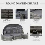 Outsunny 4-Piece Outdoor Rattan Furniture Set, Round Convertible Patio Daybed or Sunbed, Sectional Sofa with Canopy, Pillows, Cushions, Footrest, Table, PE Plastic Wicker, Gray