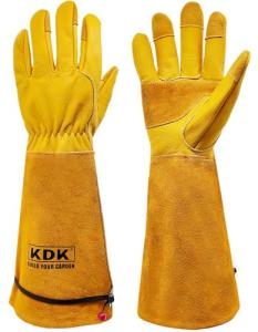 KDK Long Cowhide Gardening Gloves for Women Men, Thorn Proof Garden Gloves for Rose Pruning, Cactus Heavy Duty Gauntlet (M)