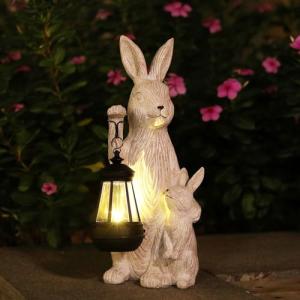 REYISO Solar Garden Statues Bunny Decor with LED Lights Home Decorations Outdoor Garden Rabbit Statue for Patio, Balcony, Yard, Lawn Ornament - Unique Housewarming Birthday Gifts for Women
