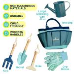 Gardening Set, Tool Kit, for Kids, STEM, Includes Tote Bag, Spade, Watering Can, Rake, Fork, Trowel and Gloves (Ocean Blue)