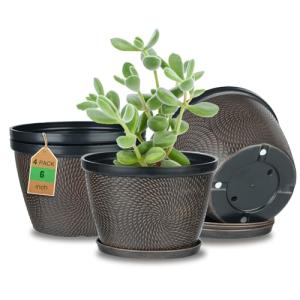 Quarut 4 Pack 6 Inch Flower Pots for Outdoor Indoor, Plastic Plant Pots with Drainage Hole & Saucer, Lightweight Small Flower Pot, Circle Pattern Planters for Garden House planters（Black Copper）