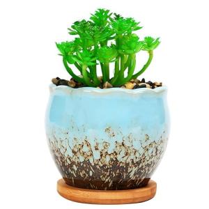 SJBAG Cute Circular Ceramic Home Garden Decoration Succulent Cactus Flower Pots Container with Bamboo Tray -Plant Not Included (Blue, 3.9 Inch)
