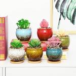 SJBAG Cute Circular Ceramic Home Garden Decoration Succulent Cactus Flower Pots Container with Bamboo Tray -Plant Not Included (Blue, 3.9 Inch)