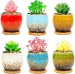 SJBAG Cute Circular Ceramic Home Garden Decoration Succulent Cactus Flower Pots Container with Bamboo Tray -Plant Not Included (Blue, 3.9 Inch)