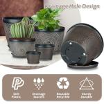 Quarut 4 Pack 6 Inch Flower Pots for Outdoor Indoor, Plastic Plant Pots with Drainage Hole & Saucer, Lightweight Small Flower Pot, Circle Pattern Planters for Garden House planters（Black Copper）
