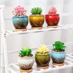 SJBAG Cute Circular Ceramic Home Garden Decoration Succulent Cactus Flower Pots Container with Bamboo Tray -Plant Not Included (Blue, 3.9 Inch)