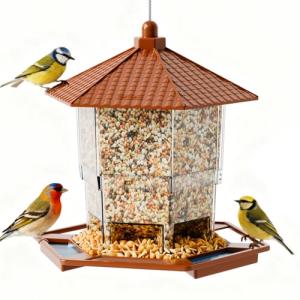 Yieach Hanging Bird Feeder for Outdoors,Large Hopper Squirrel Proof Birdfeeder for Cedar,Red,Cardinal,Blue Jay and Wild Birds,Easy to Feel Birdhouse & Bird Seed Feeder & Gazebo for Outside,Tree,Brown