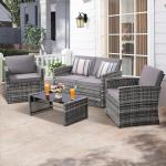 KROFEM 4 Pieces Patio Conversation Set, Outside Rattan Sectional Sofa, Cushioned Furniture Set, Wicker Sofa Ideal for Garden, Porch, Backyard, Grey Color Rattan and Light Grey Cushion