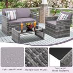 KROFEM 4 Pieces Patio Conversation Set, Outside Rattan Sectional Sofa, Cushioned Furniture Set, Wicker Sofa Ideal for Garden, Porch, Backyard, Grey Color Rattan and Light Grey Cushion
