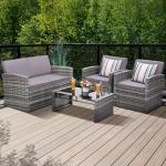 KROFEM 4 Pieces Patio Conversation Set, Outside Rattan Sectional Sofa, Cushioned Furniture Set, Wicker Sofa Ideal for Garden, Porch, Backyard, Grey Color Rattan and Light Grey Cushion