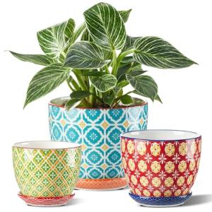 Metahom Ceramic Plant Pots, 3.8+4.9+5.8 Inch, Set of 3 Flower Pots with Drainage Hole & Saucer, Trio Planter Pots Set for House Plants, Home Decor, Vibrant Colors
