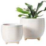 LE TAUCI Ceramic Plant Pots, 5.1 + 6.4 Inch Footed Pots for Plants, Modern Flower Pots for Home and Office, Indoor Planters with Drainage, Reactive Glaze White