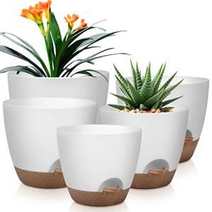 QRRICA Plant Pots 10/9/8/7.5/7 Inch Self Watering Pots, Set of 5 Plastic Planters with Drainage Holes and Saucers,Plastic Flower Pots,Nursery Planting Pot for Indoor Out Door Plants（White）