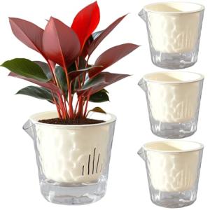 Qimodo 4 Inch Glacier-Textured Self Watering Garden Pots,4 Pack Clear Plastic Planters with Water Filling Spout,Flowerpot with Inner Pot for Indoor Plants,African Violets,Herbs,Succulents(Cream white)