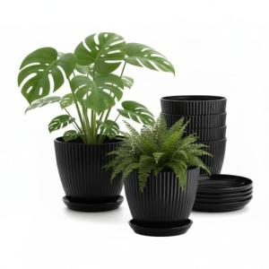 RooTrimmer 7.5 Inch Black Thickened Plastic Plant Pots with Saucers, 6-Pack Modern Seedling Planters for Indoor Outdoor Plants, Durable Heavy-Duty PP Material for Herbs Flowers Vegetables​ (＜8 inch)
