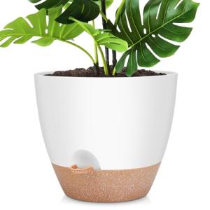 YNNICO 12 Inch Large Self Watering Plant Pot Set, Flower Pots with Multi-Mesh Drainage Holes and Saucer, Suitable for Indoor and Outdoor Garden Plants, White.