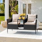 Devoko Outdoor Patio Loveseat Modern Rattan 2-Seat Patio Conversation Set with Cushions & Built-in Coffee Table Porch Furniture for Garden Lawn Backyard (Beige)