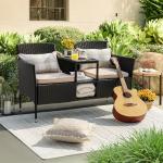 Devoko Outdoor Patio Loveseat Modern Rattan 2-Seat Patio Conversation Set with Cushions & Built-in Coffee Table Porch Furniture for Garden Lawn Backyard (Beige)