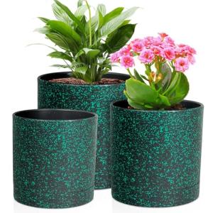 Meowell 6/5/4 inch Plant Pots, 3 Pack Cylinder Flower Pots for Small Indoor Outdoor Plants, Plastic Planters with Drainage Holes and Saucers for Garden Succulent Plants, Black with Green Speckles