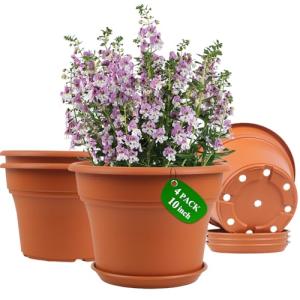 Pottiffe 10 Inch Plastic-Flower-Pot-for-Indoor-Plants, 4 Pack Large Outdoor Planter Pot with Drainage Holes & Saucers, Resin Decorative Garden Pots Planters