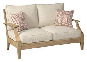 Signature Design by Ashley Clare View Coastal Outdoor Loveseat, Cushioned with Nuvella Fabric, Protective Finish, Eucalyptus Wood, 55.5" W x 35" D x 32" H, Beige