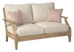 Signature Design by Ashley Clare View Coastal Outdoor Loveseat, Cushioned with Nuvella Fabric, Protective Finish, Eucalyptus Wood, 55.5" W x 35" D x 32" H, Beige