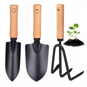 3 Pieces Garden Tools Set-Garden Rake Trowel, Gardening Tools with Wood Handle,Iron Crafts Gardening Work Kit with Solid Wood Ergonomic Handle Tools Succulent Gift Set Outdoor Gardening Tools(Black)