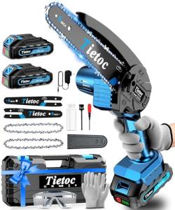 Tietoc Mini Chainsaw, 6 Inch Chain Saw Cordless, 880W Powerful Electric Handheld Chainsaw with Automatic Oiler, with 2 Batteries and 2 Chains, Tree Trimmer Gardening Tools Gift for Men, Father, Dad