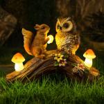 WONDHOME Solar Owl Garden Statues Outdoor Decor Resin Owl Squirrel Figurine with Mushroom Lights for Patio Lawn Yard Decorations Christmas Birthday Housewarming Gardening Gifts for Women Mom