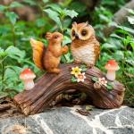 WONDHOME Solar Owl Garden Statues Outdoor Decor Resin Owl Squirrel Figurine with Mushroom Lights for Patio Lawn Yard Decorations Christmas Birthday Housewarming Gardening Gifts for Women Mom