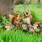 WONDHOME Solar Owl Garden Statues Outdoor Decor Resin Owl Squirrel Figurine with Mushroom Lights for Patio Lawn Yard Decorations Christmas Birthday Housewarming Gardening Gifts for Women Mom