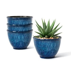 Vanslogreen Plant Pots, Set of 4 Plastic Planters with Drainage Hole, 8 Inch Glaze Plastic Flower Pots for Plants, Nursery Planting Pot, Planter for Indoor Outdoor Home Decorative(Blue)