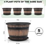 Quarut Large Plastic 4 Pack14 inch Plant Pots,Whiskey Barrel Planters with Drainage Holes & Saucer.Flower Pots Imitation Wine Barrel Design for Indoor & Outdoor Garden Balcony Plants.5 Gallons(Brown)