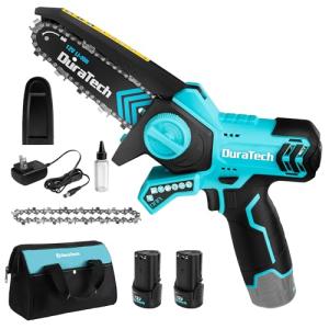 DURATECH 12V Mini Chainsaw, 6 Inch Electric Cordless Chainsaw with 2 Batteries & 2 Chains, One-Hand Operated Portable Wood Saw for Garden Tree Branch Pruning, Wood Cutting