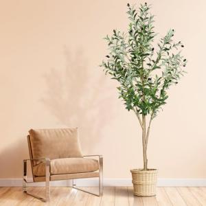 6ft Faux Olive Tree, Artificial Olive Tree Indoor, High Imitation Silk Plant Fake Olive Tree with Realistic Leaves and Fruits, Suitable for Home Living Room Office Decoration