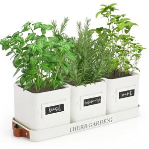 PERFNIQUE Indoor Herb Garden, Herb Planter Set with Tray, Farmhouse Indoor Plant Pots, Windowsill Herb Garden with Drainage(Planter only) for Indoor/Outdoor, Window Pots(White)