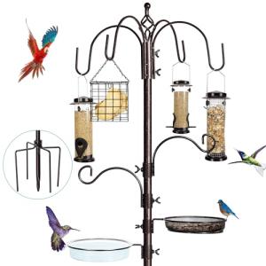 YINGYM 6-Hook Bird Feeding Station Kit, Wild Bird Feeder Stand Pole, Multi-Feeder Kit Stand with 4 Feeders, Bird Bath and Mesh Tray, 94 Inch