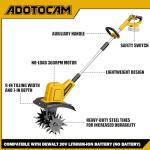 ADOTOCAM Cordless Tiller Cultivator Compatible with Dewalt 20V Battery(Tool Only)，360RPM Battery Powered Garden Cultivator, 9In Tilling Width & 7In Depth Tiller for Gardening
