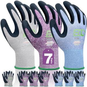 KANGLONGDA 7 Pairs Women Gardening Gloves, EN388 2131X Outdoor Protective Work Gloves with Breathable Micro-Foam Coating for Gardening, General Purpose, Courtyard, 3 Purple + 3Blue +1 Grey