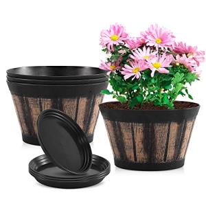Quarut 8 inch Brown Plastic Whiskey Barrel Plant Pots Set of 4 with Drainage Holes and Saucer for Indoor and Outdoor Garden Home Plants