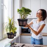 Quarut 8 inch Brown Plastic Whiskey Barrel Plant Pots Set of 4 with Drainage Holes and Saucer for Indoor and Outdoor Garden Home Plants